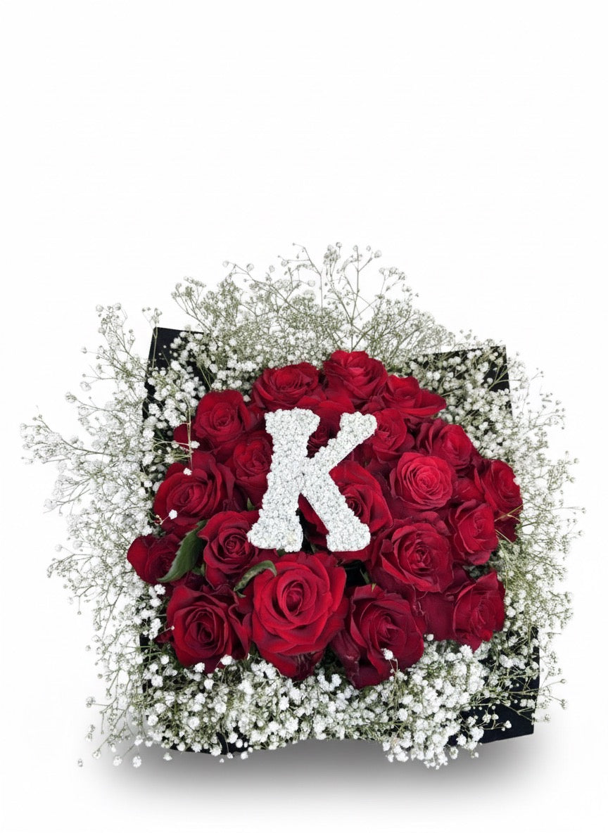 Yours, Always personalised bouquet featuring 20 premium red roses, baby’s breath and a custom floral initial, handcrafted by Die Blommemandjie Florist.