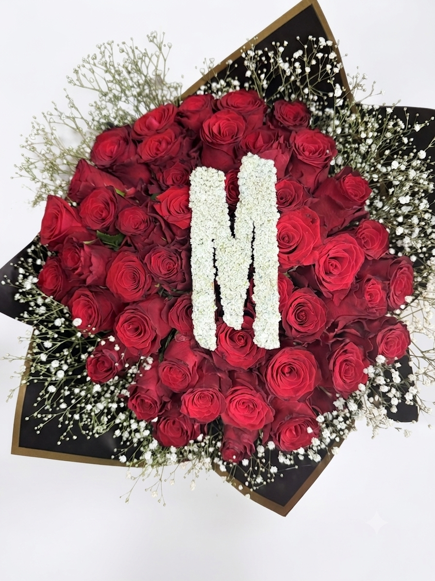 Yours, Always personalised bouquet featuring 20 premium red roses, baby’s breath and a custom floral initial, handcrafted by Die Blommemandjie Florist.