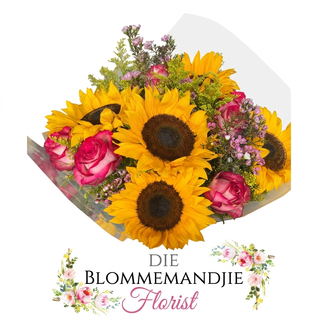 Luxury sunflower and pink rose bouquet handcrafted by Die Blommemandjie Florist for birthdays, celebrations and flower delivery.