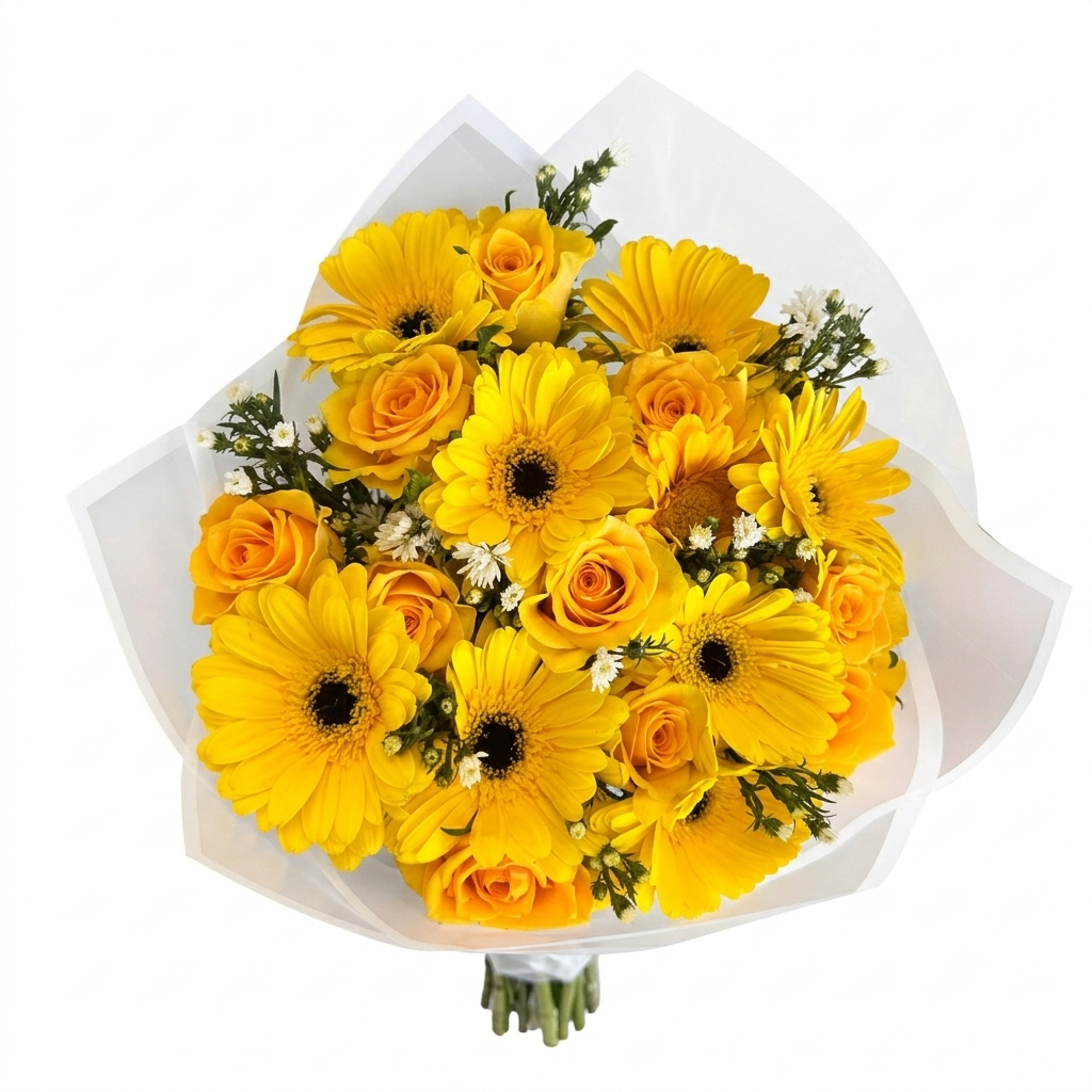 Luxury bouquet of fresh yellow gerberas and yellow roses wrapped in white paper by Die Blommemandjie Florist.